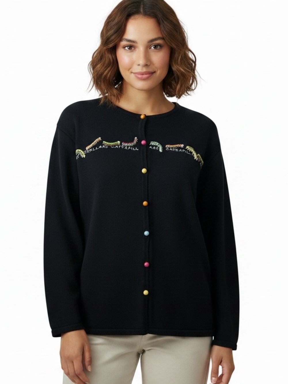 🩷 VTG Marisa Christina Woman L Novalty 90s Sweater caterpillar Black MultiColor